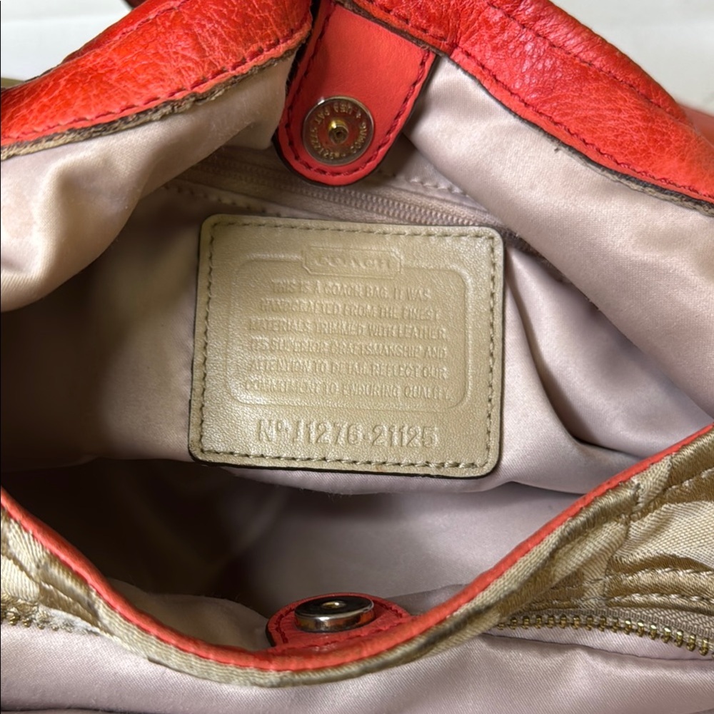 Coach Tan and Orange Signature Monogram Bag featuring Carriage logo on front. - Picture 11 of 16